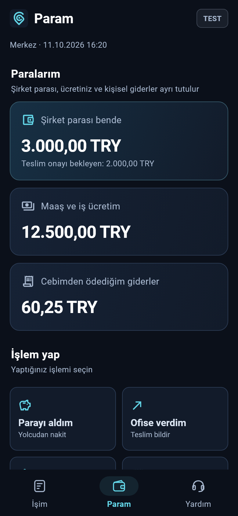 Örnek sürücü Param ekranında şirket parası, hakediş ve kişisel alacak ayrımı